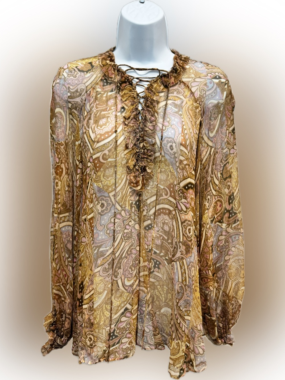 Zimmermann Paisley Lace-Up Ruffle Blouse in Gold and Pink
